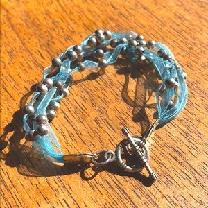 Silver bead blue aqua ribbon bracelet
